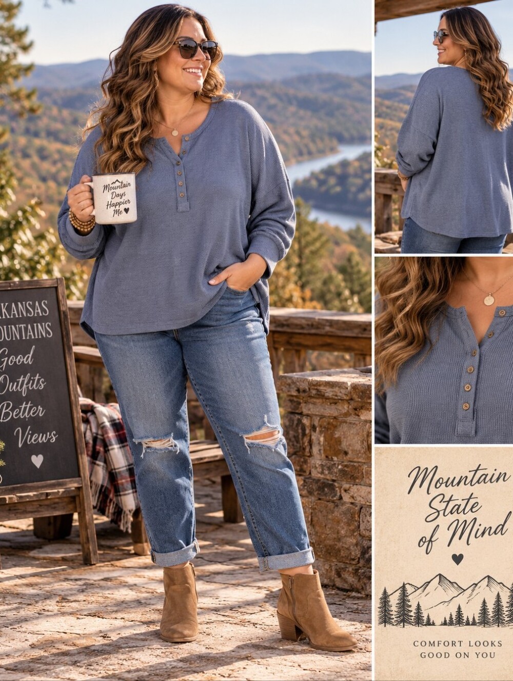 True Craft 2X Frigid Blue Waffle Knit Henley Top NWT Plus Size
